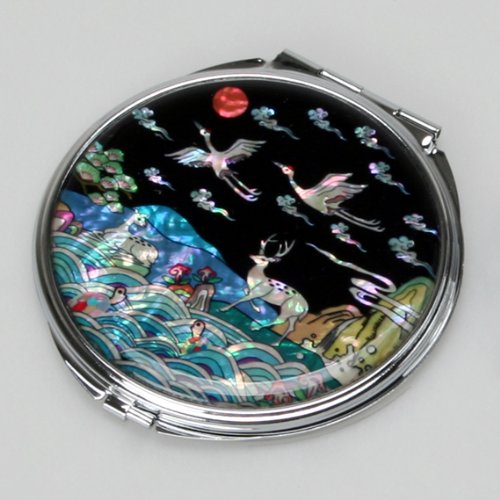 Mother of Pearl Animal Design Compact Cosmetic Makeup Metal Mirror with 10 Creatures of Longevity Design