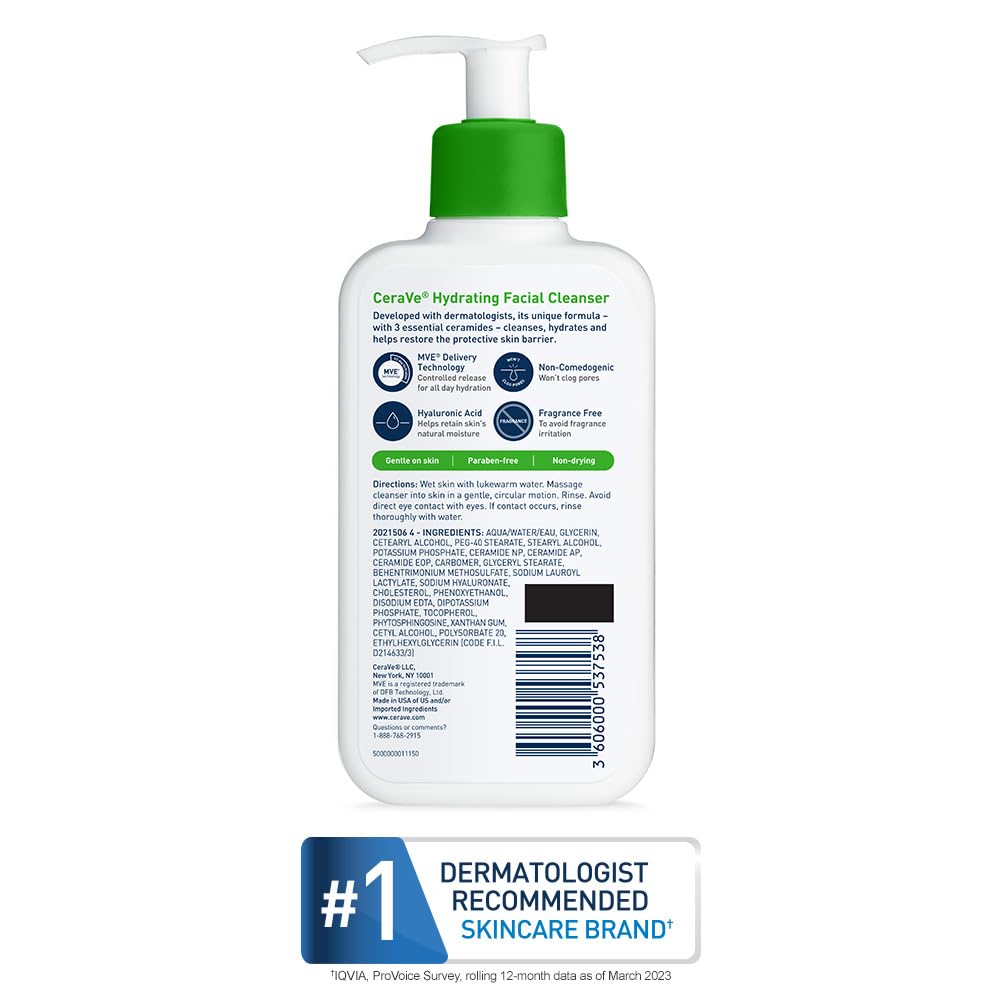 Cerave Hydrating Facial Cleanser, Moisturizing Face Wash For Dry Skin, Hyaluronic Acid + Ceramides + Glycerin, Hydrating Cleanse
