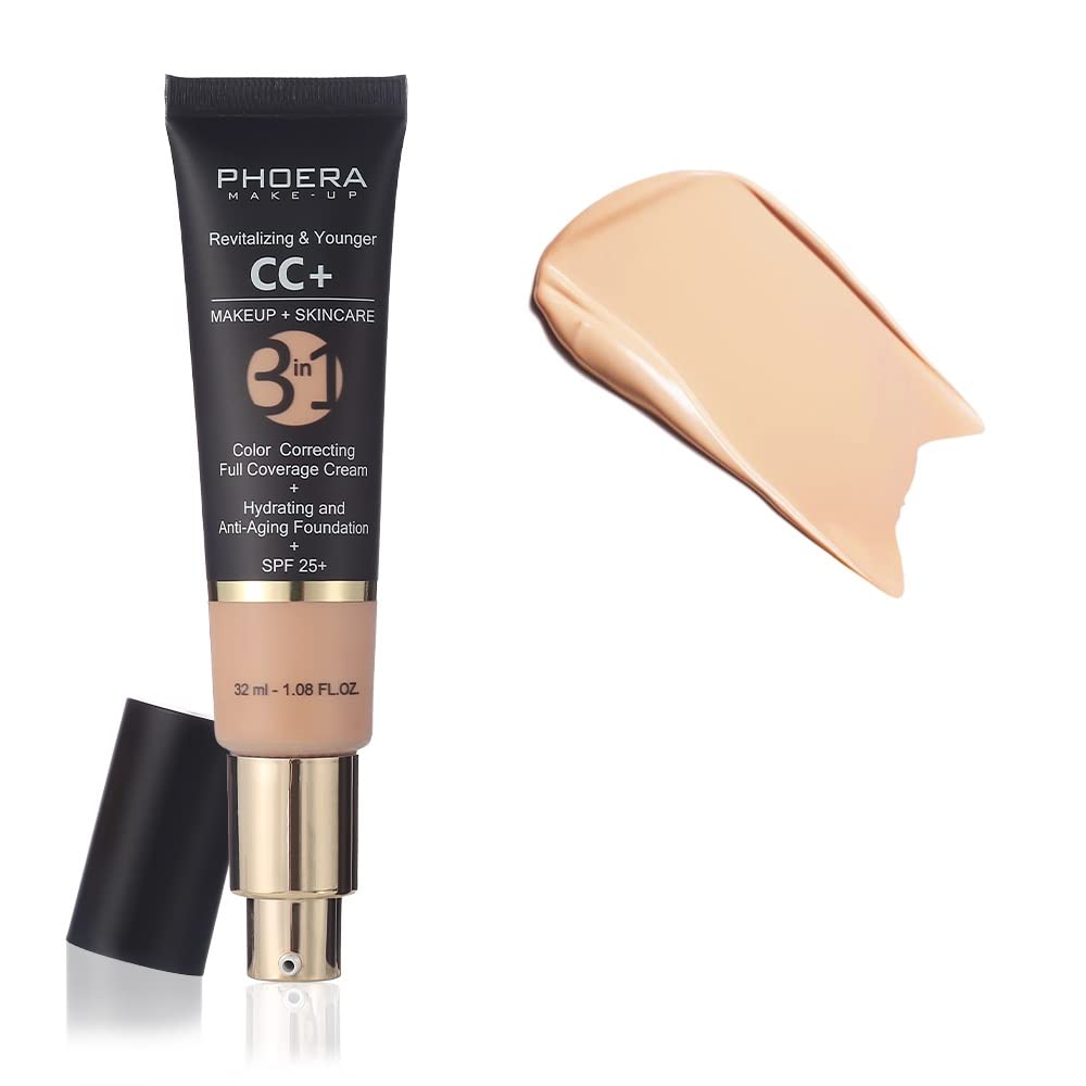 PHOERA Anti-Aging Color Correcting Full Coverage Cream Foundation SPF 25+ Revitalizing & Younger infused Concealer with Vitamins