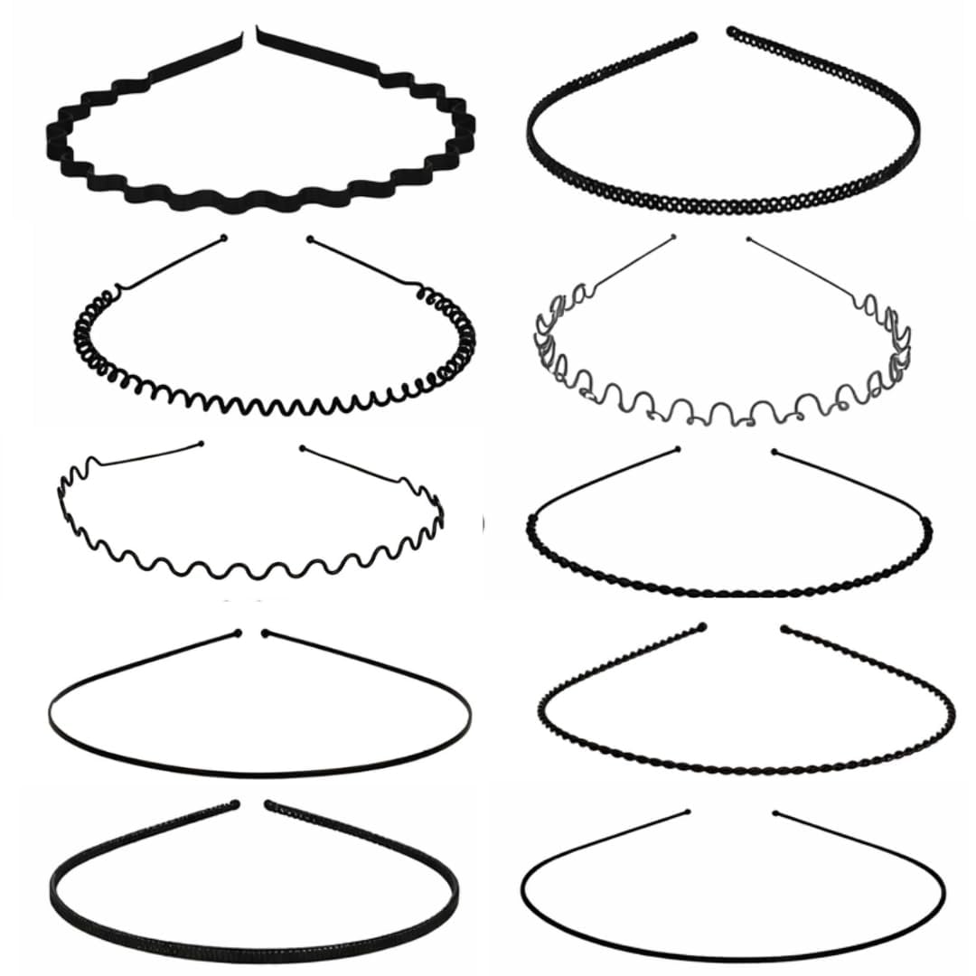 Klneeds Black Metal Hair Band For Men  10 Pcs Thin Wavy NonSlip Adjustable Headbands For Women & Boys, Sports, Gym, Yoga, Runn