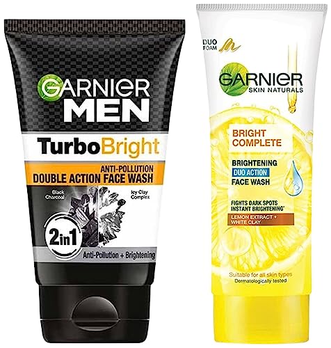 Garnier Men Power White AntiPollution Double Action Facewash, 100Gm And Garnier Skin Naturals Light Complete Duo Action Facewas