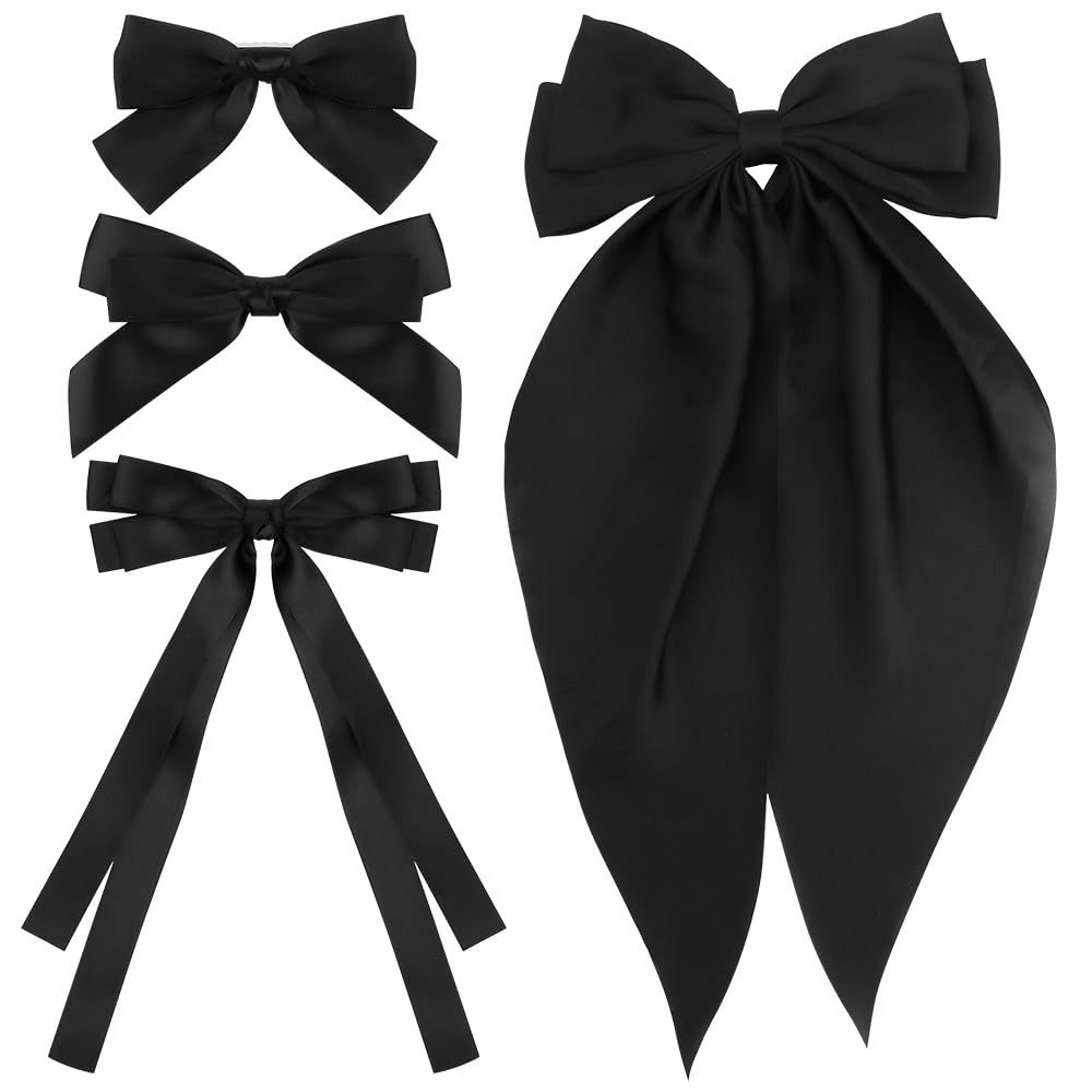 Atoden Black Hair Accessories: 4 Pcs Silky Satin Oversized Bowknot Ribbons with Long Tails and Alligator Metal Clips - Cute Gift
