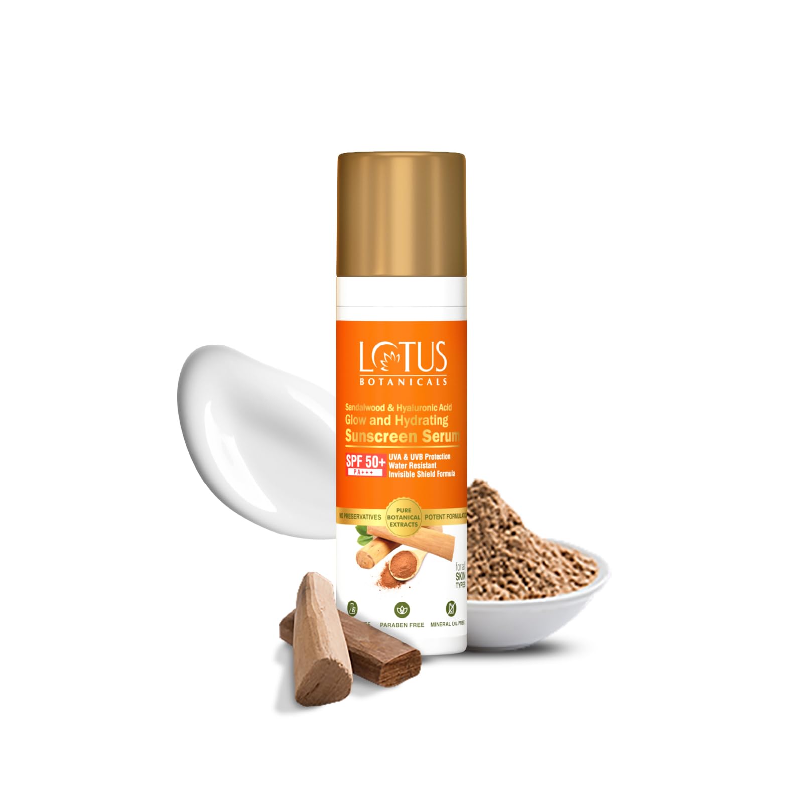 Lotus Botanicals Sandalwood & Hyaluronic Acid Glow And Hydrating Sunscreen Serum | Spf 50+ | Pa+++ | Daily Sun Protection | Sand