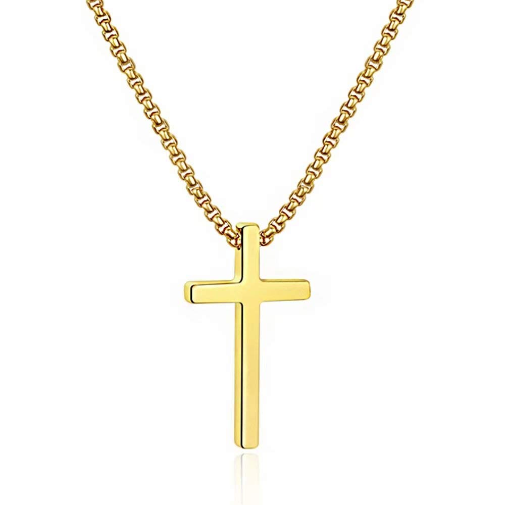 M MOOHAM Dainty Gold Cross Necklaces for Men Pendant Chain 16 Inch Gold Jewelry Gifts, Fathers Day Confirmation Gifts for Teenag