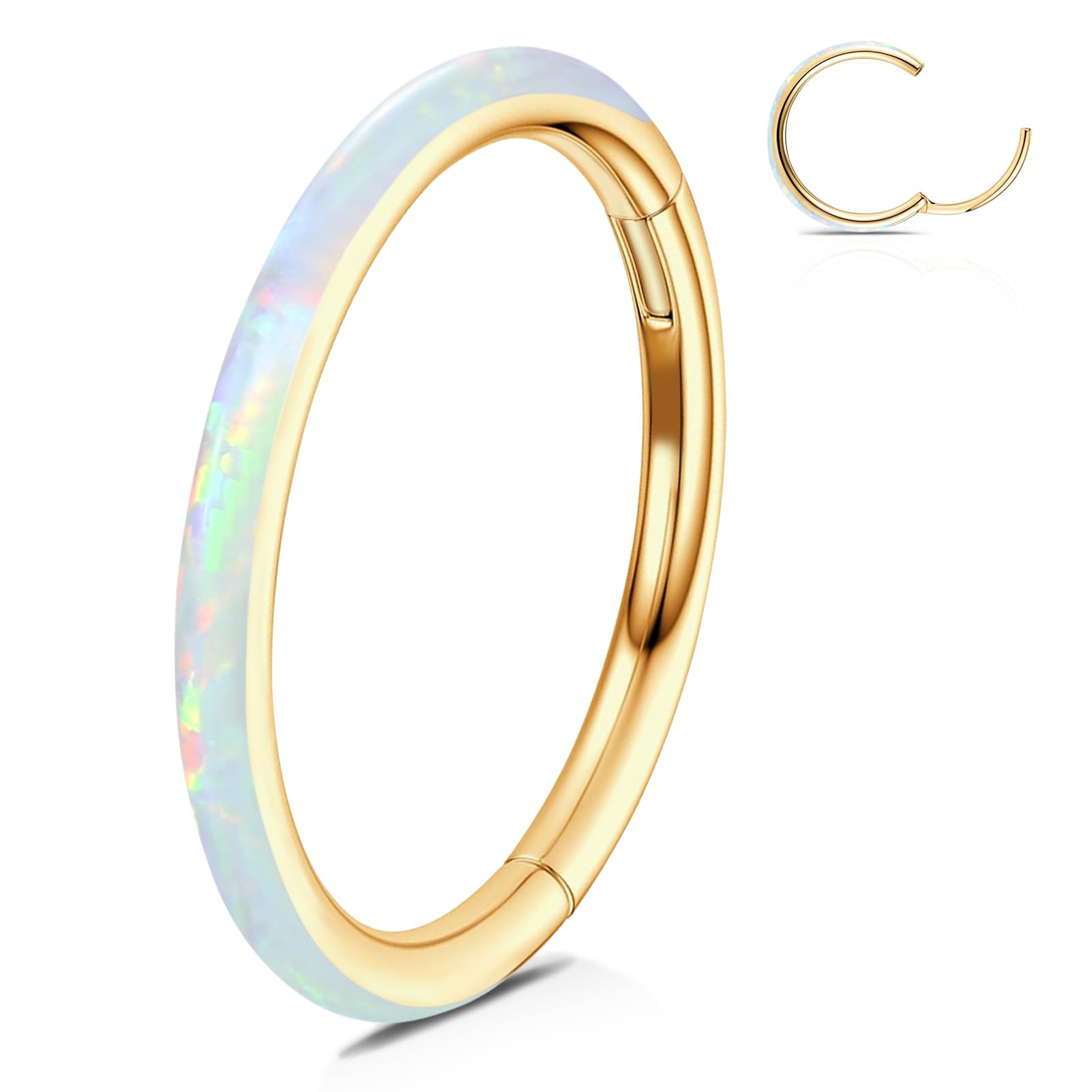 WBRWP 316L Stainless-Steel Piercing-Ring Hinged Nose-Rings-Hoop with White Opal 16G(1.2mm) Body Pierecing Ring Segment Clicker L