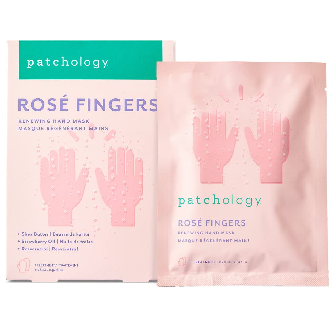 Patchology Rose Fingers Renewing Hand Mask - Strawberry Scented Moisturizing Gloves, Hand Masks for Dry & Cracked Hands, Shea Bu