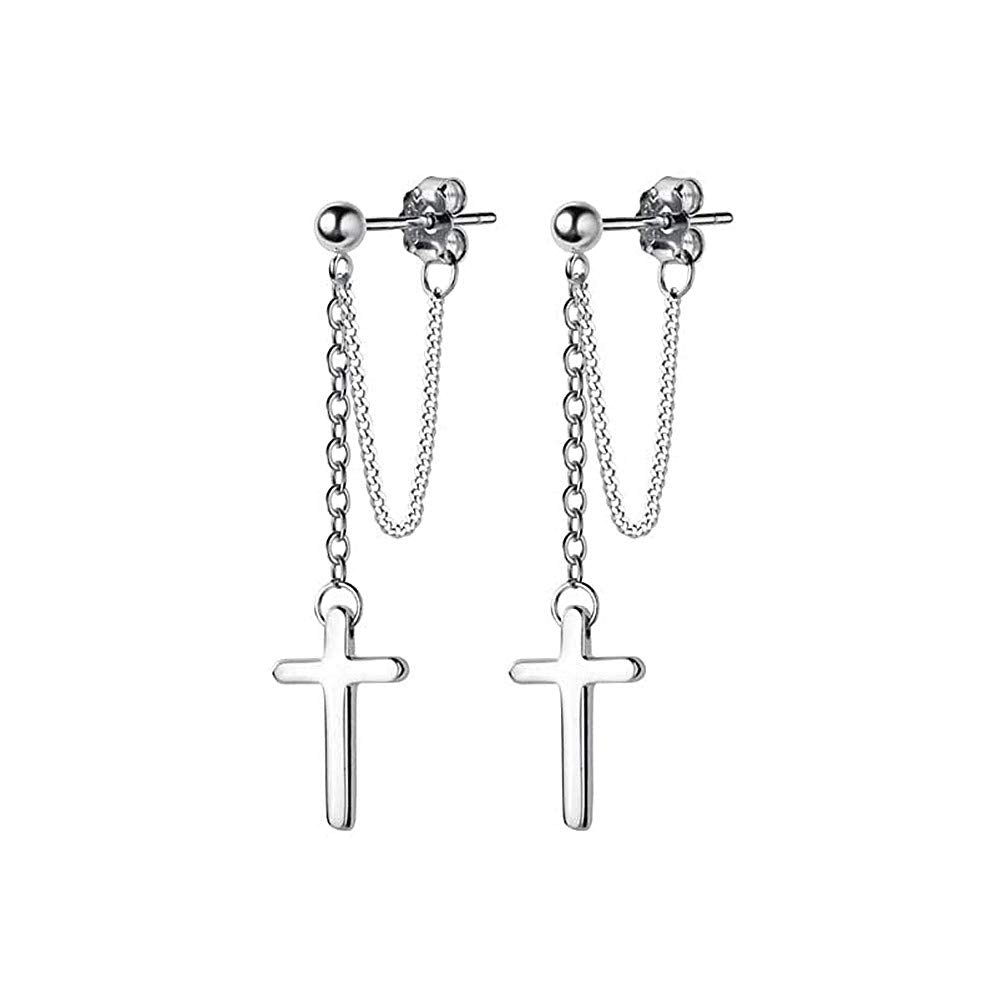 Cross Dangle Drop Earrings 925 Sterling Silver Chain Dropping for Women Girls Men Punk Ball Studs Hypoallergenic Jewelry (Silver