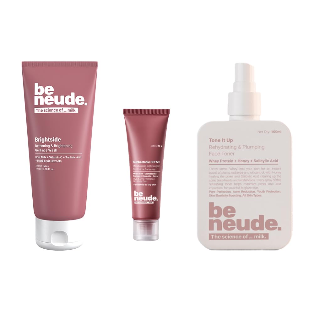 Be Neude Radiance Routine Brightside Face Wash 100Ml, Niacinamide Toner 100Ml And Sunbeatable Sunscreen 15Ml Combo With Goat Mil