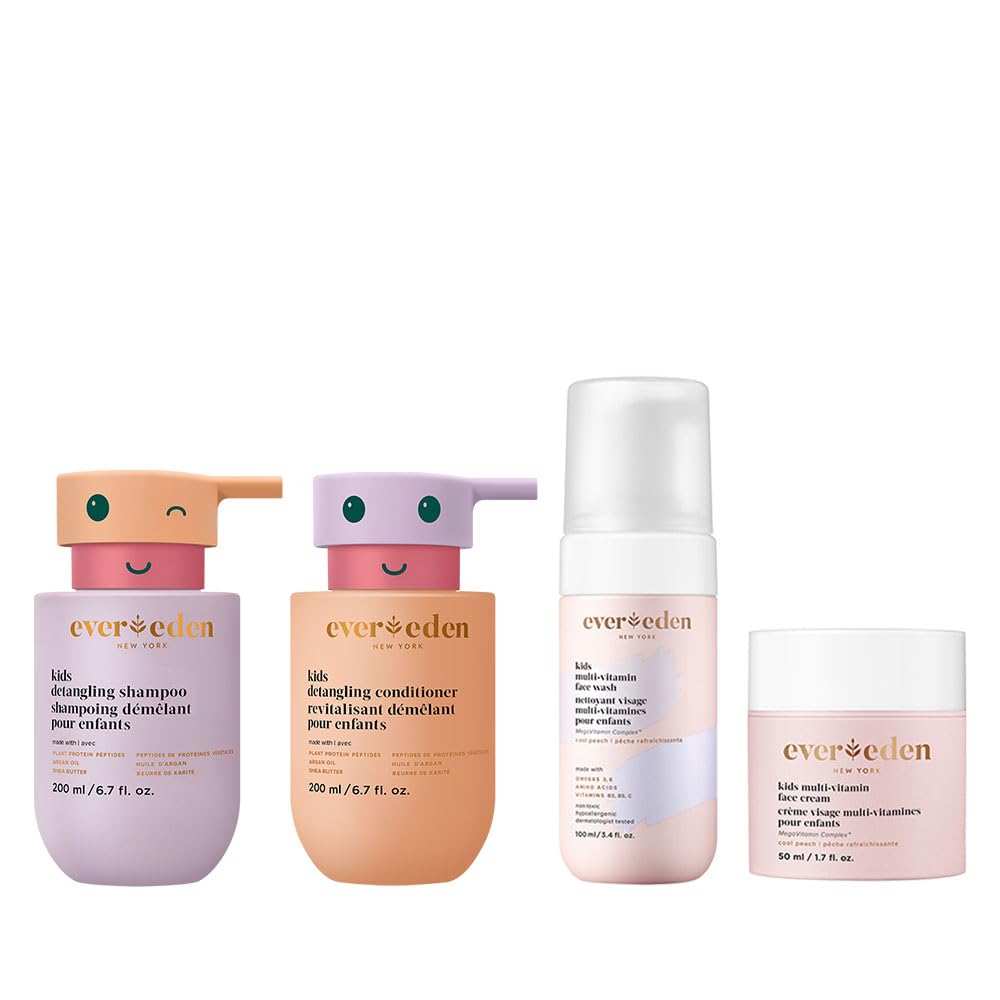 Evereden Kids Routine Bundle - Detangling Shampoo and Conditioner + Multi-Vitamin Face Wash and Face Cream for Kids 3+