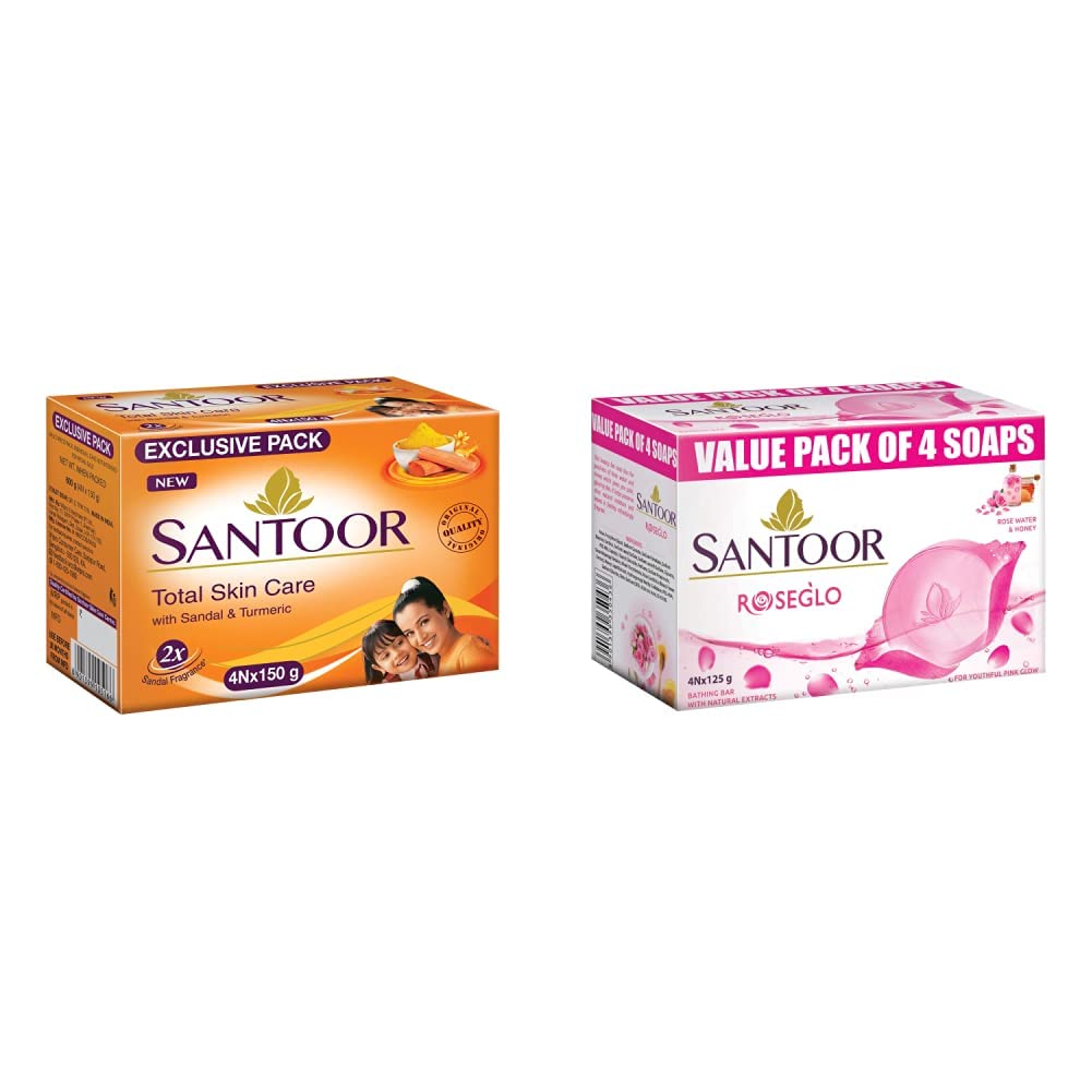Santoor Plain Bathing Bar, 150Gm [Pack Of 4] & Roseglo Soap With Rose Water & Honey, 125G (Pack Of 4)