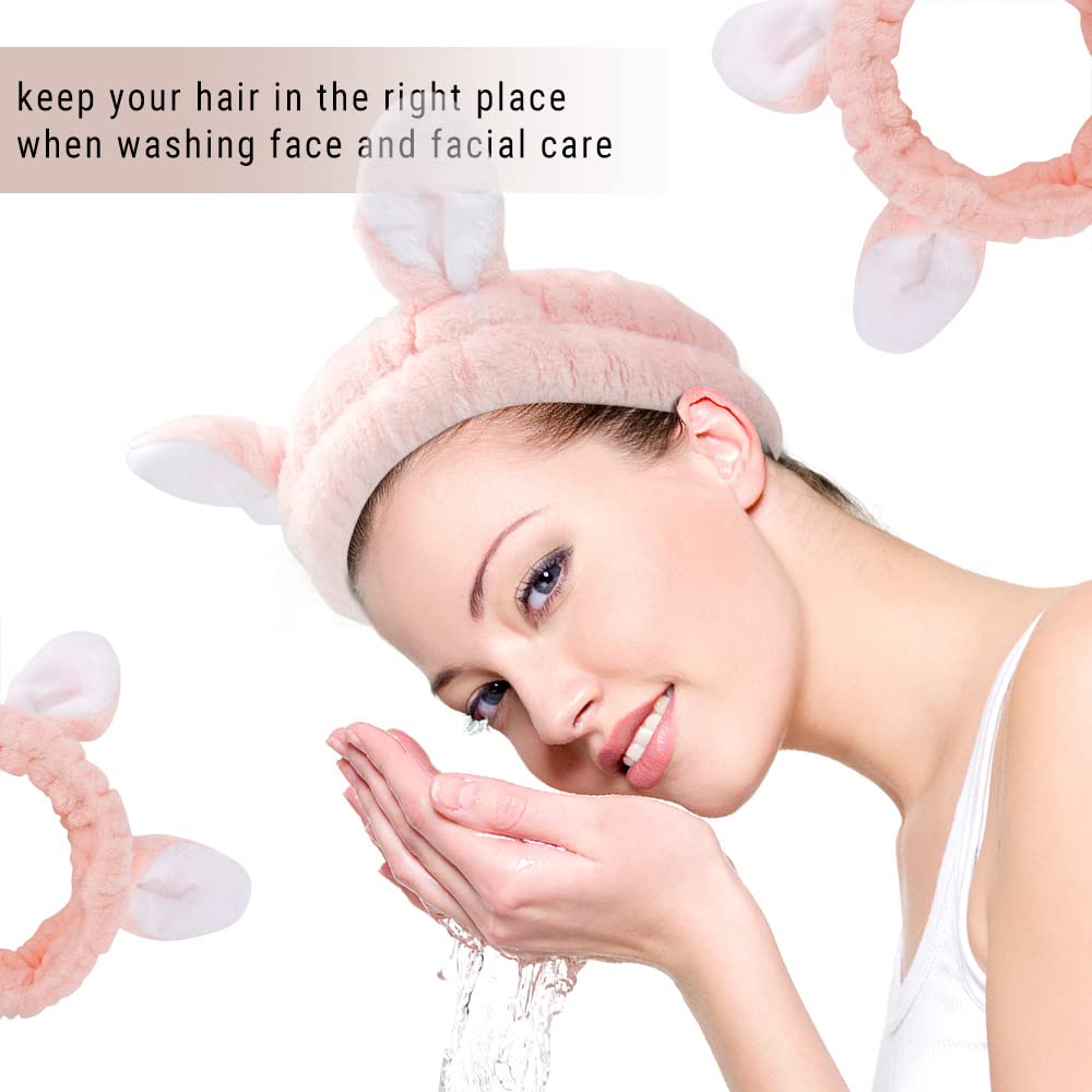 AHONEY Bunny Ears Headband, 4Pcs Skin Care Headbadns Fuzzy Headband for Washing Face Kawaii Makeup Cute Headbands Coral Fleece E