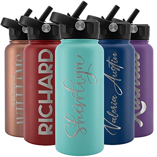 Amazing Items Personalized Water Bottle W Straw  Lid, 32 Oz - Teal  Custom Stainless Steel Sports Water Bottle W Name And Text -