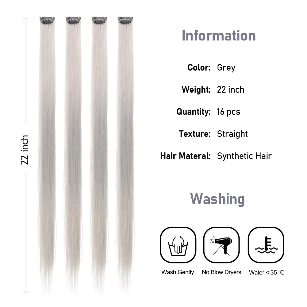 Kgbfass Grey Hair Extensions 20Inch One Color Clip In On Hairpieces Straight Halloween Cosplay Christmas Party Highlights Synthe