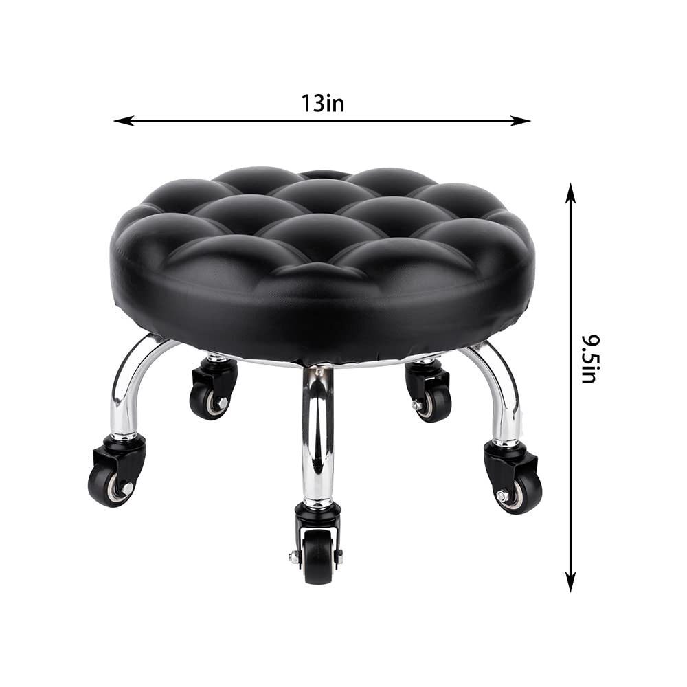 OBMMIRAO Pedicure Stool - Low Roller Seat Swivel Stool with Wheels, Black Low Chair with PU Leather Seat (Black StyleB)