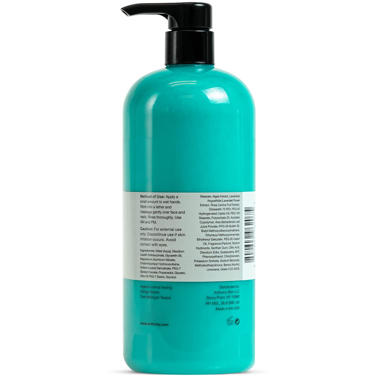 Anthony Algae Facial Cleanser, 32 Fl Oz - Algae, Aloe Vera, Azulene, Lavender & Rose Hip Oil for Cleansing, Refreshing, Moisturi