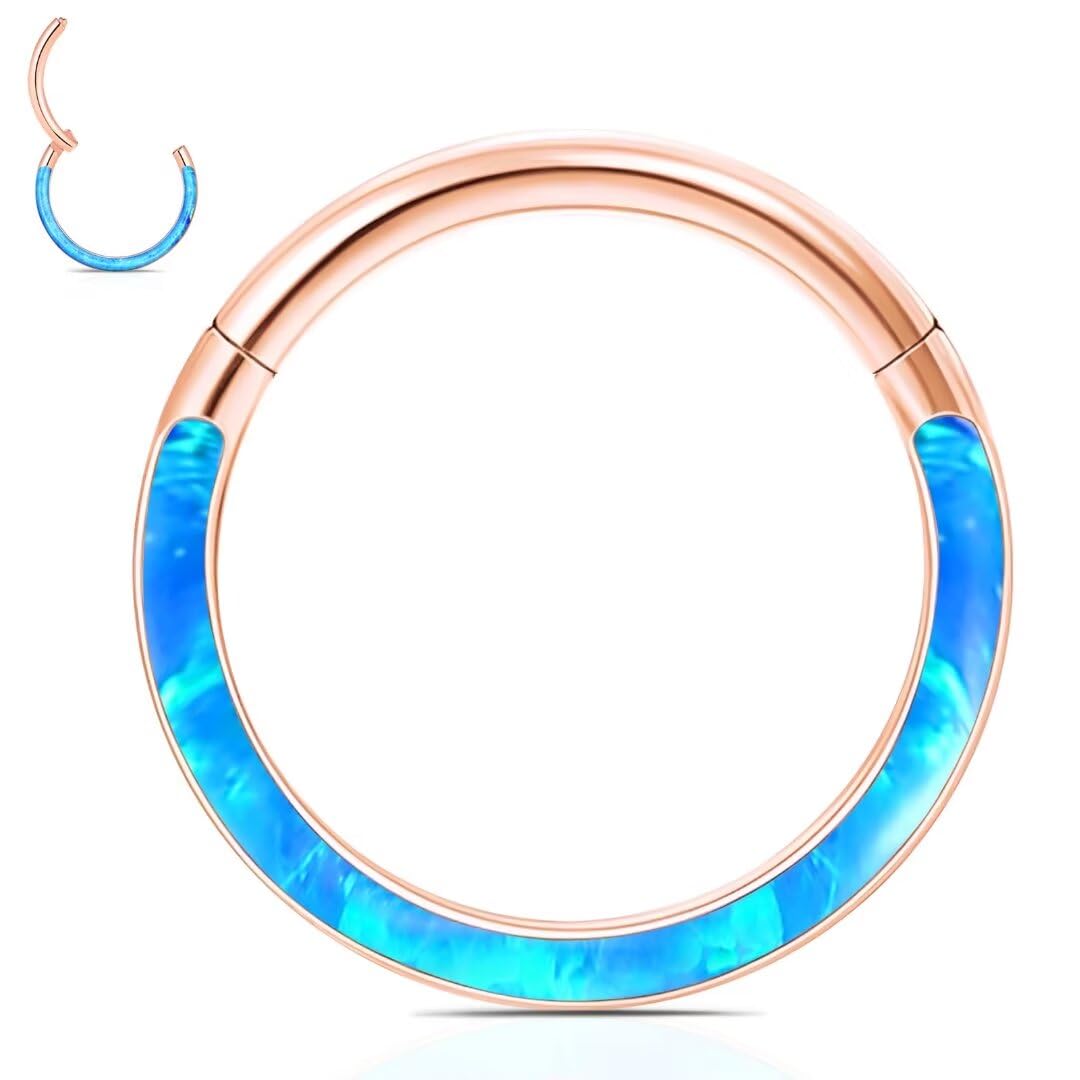 WBRWP 316L Stainless-Steel Flat-Piercing-Ring Hinged Nose-Rings-Hoop with Blue Opal 14G(1.6mm) Body Pierecing Ring Segment Click