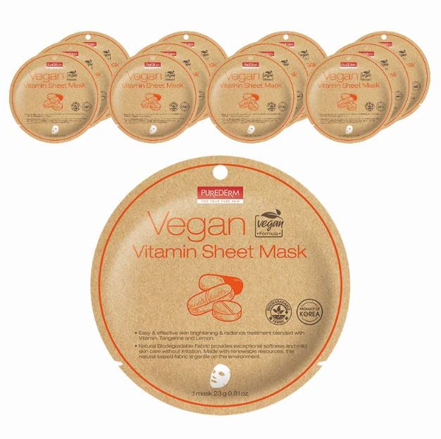 Purederm Vegan Vitamin Sheet Masks (12 Packs) - Facial Sheet Mask For Brightening & Radiance Treatment