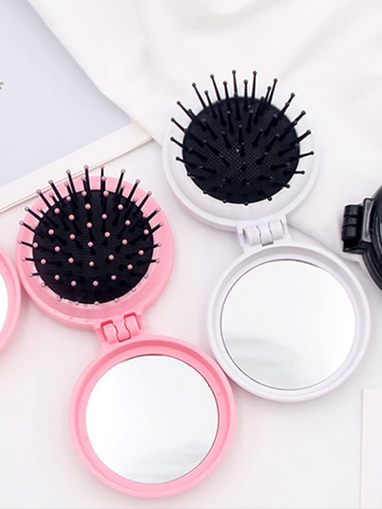 Saycker 3Pcs Portable Folding Hair Brush With Mirror,Foldable Travel Mirror Hair Brushes Round Pocket Hair Brush Mini Hair Massa