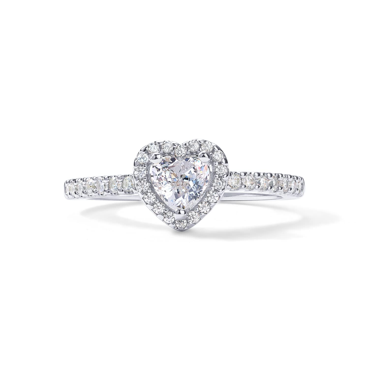 PAVOI 14K Gold Plated Heart Halo Ring for Women | Promise Rings for Her (White Gold, 9)