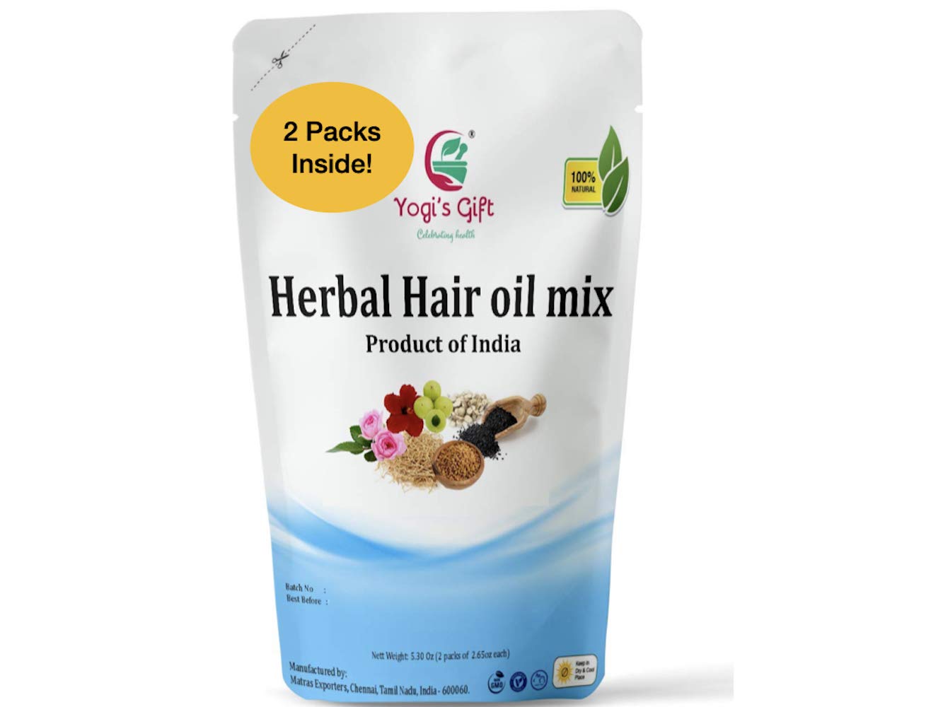 Yogis Gift | Ayurvedic Herbal Hair Oil Mix | 75 g x 2 packs | 18 Essential Herbs For Growth | 100% Natural Product Of India