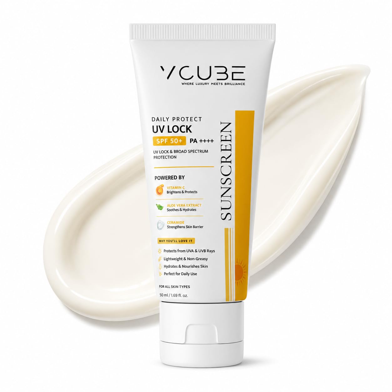VCUBE Daily Protect UV Lock Sunscreen SPF 50+ PA++++ | Advanced UVA & UVB Defense | Vitamin C, Aloe Vera & Ceramide | Hydrating,