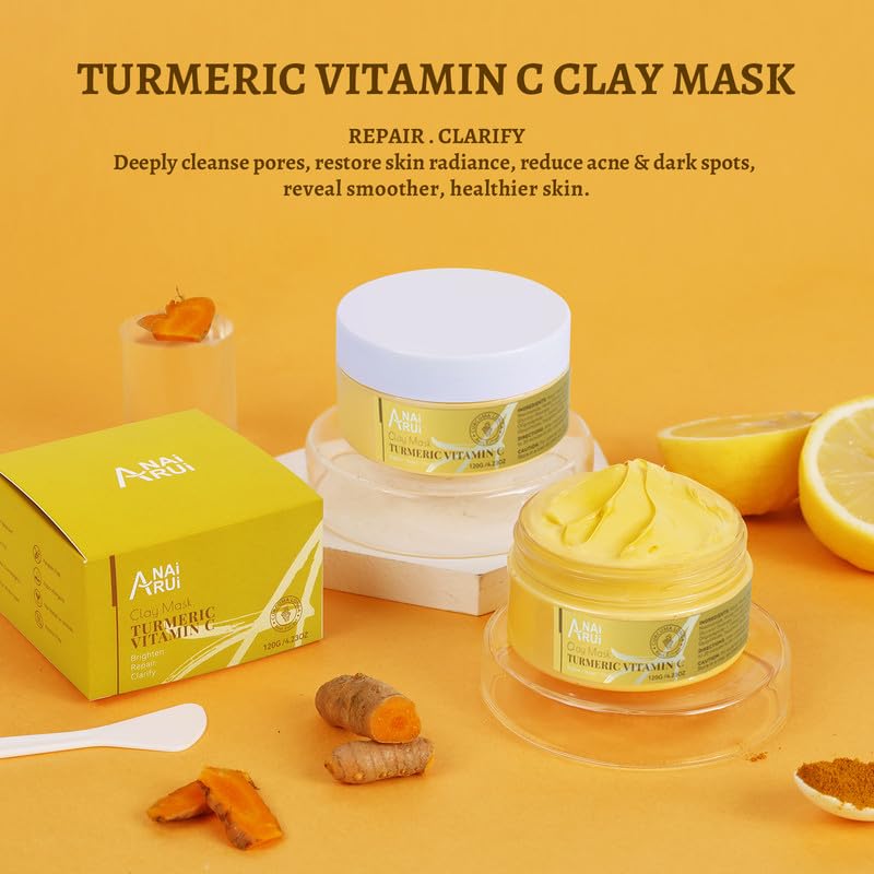 ANAIRUI Turmeric Vitamin C Clay Mask for Dark Spots, Vitamin C Clay Facial Mask for Blackheads, Pores, Wrinkles, Fine Lines, Hyd