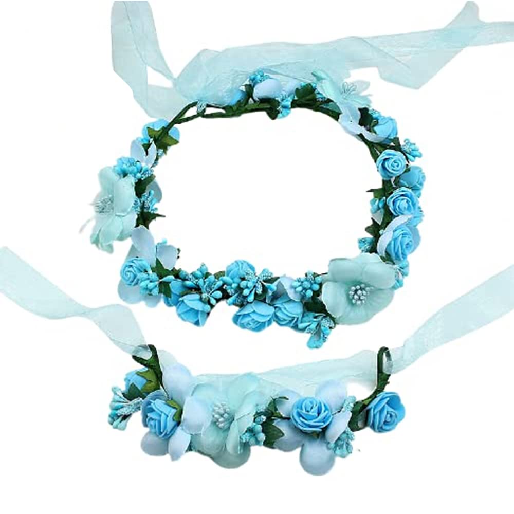 Syga Flower Tiara And Bracelet Set Pearl Flower Headband And Foam Flower Bracelet Bridesmaid Floral Hair Bands Floral Garland Fo