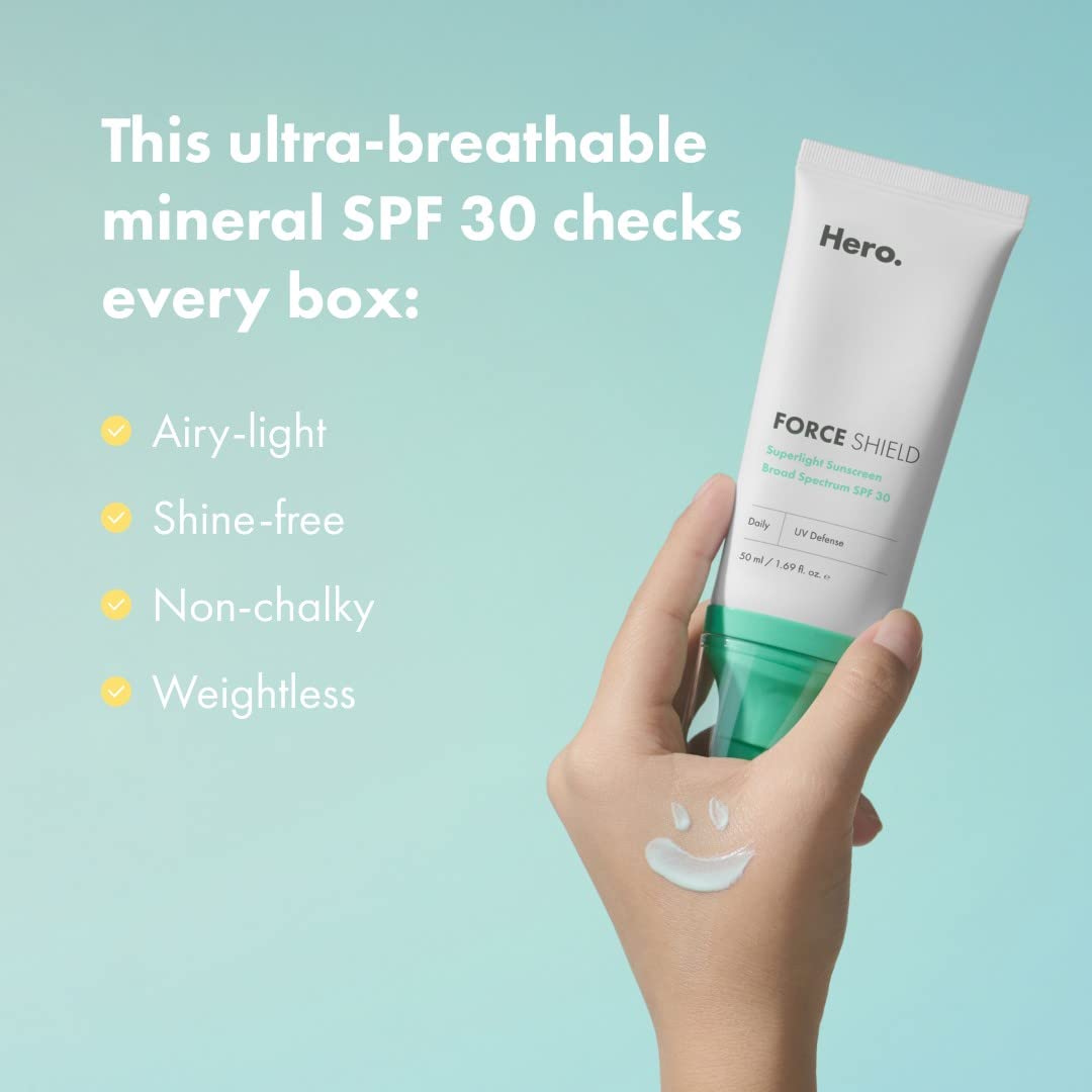 Force Shield Superlight Sunscreen Spf 30 From Hero Cosmetics - Everyday Spf 30 For Acne-Prone Skin With Zinc Oxide, Green Surge,