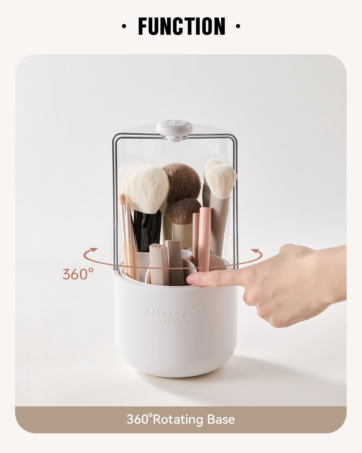 EACHY Makeup Brush Holder 360 Rotating with Dustproof Lid, Waterproof Material, 7 Compartments for Organized Storage, Stylish an