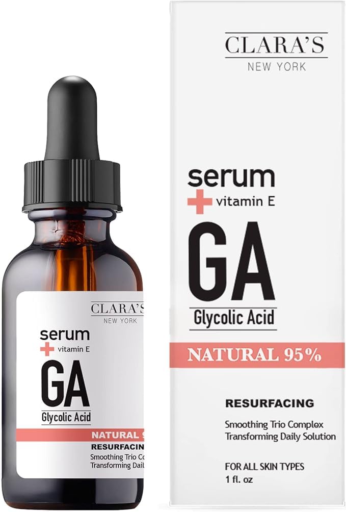 CLARA'S NEW YORK Glycolic Acid Facial Serum with Vitamin E for Exfoliating Smoothing Glowing Face Skin - Made in USA 30ml (1Fl/O