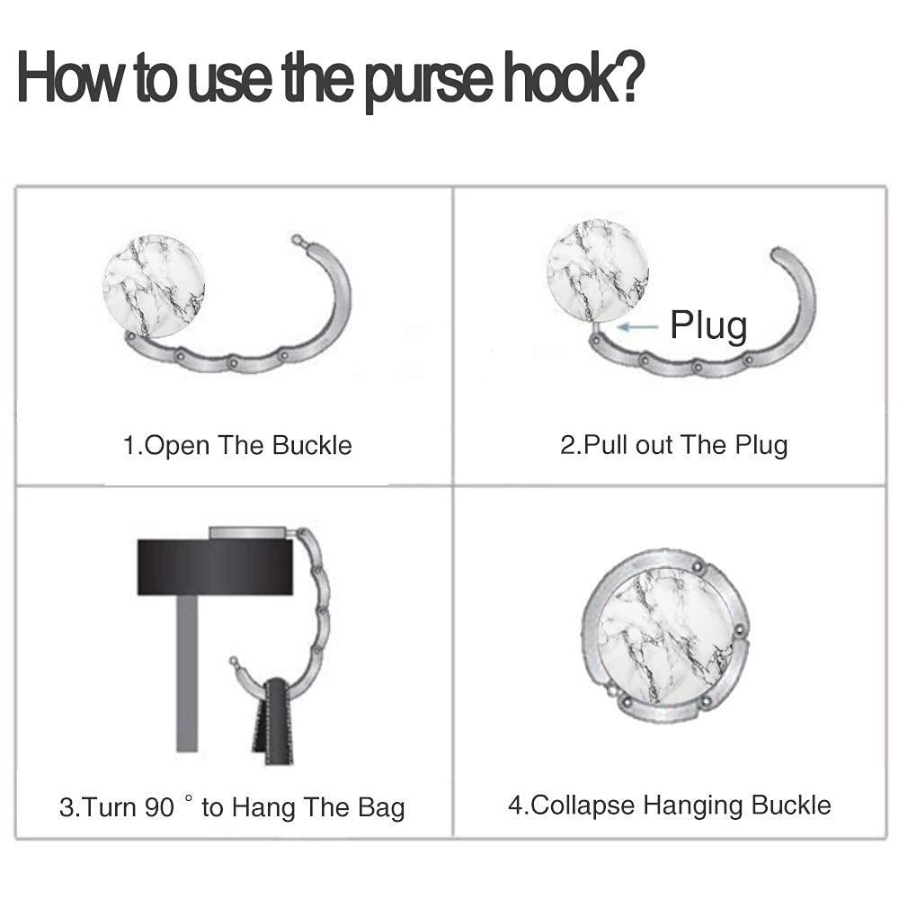 Foldable Purse Hook Womens Bag Table Hanger Collection Desk Hooks for Purse (2pack W-PB Marble Hook)