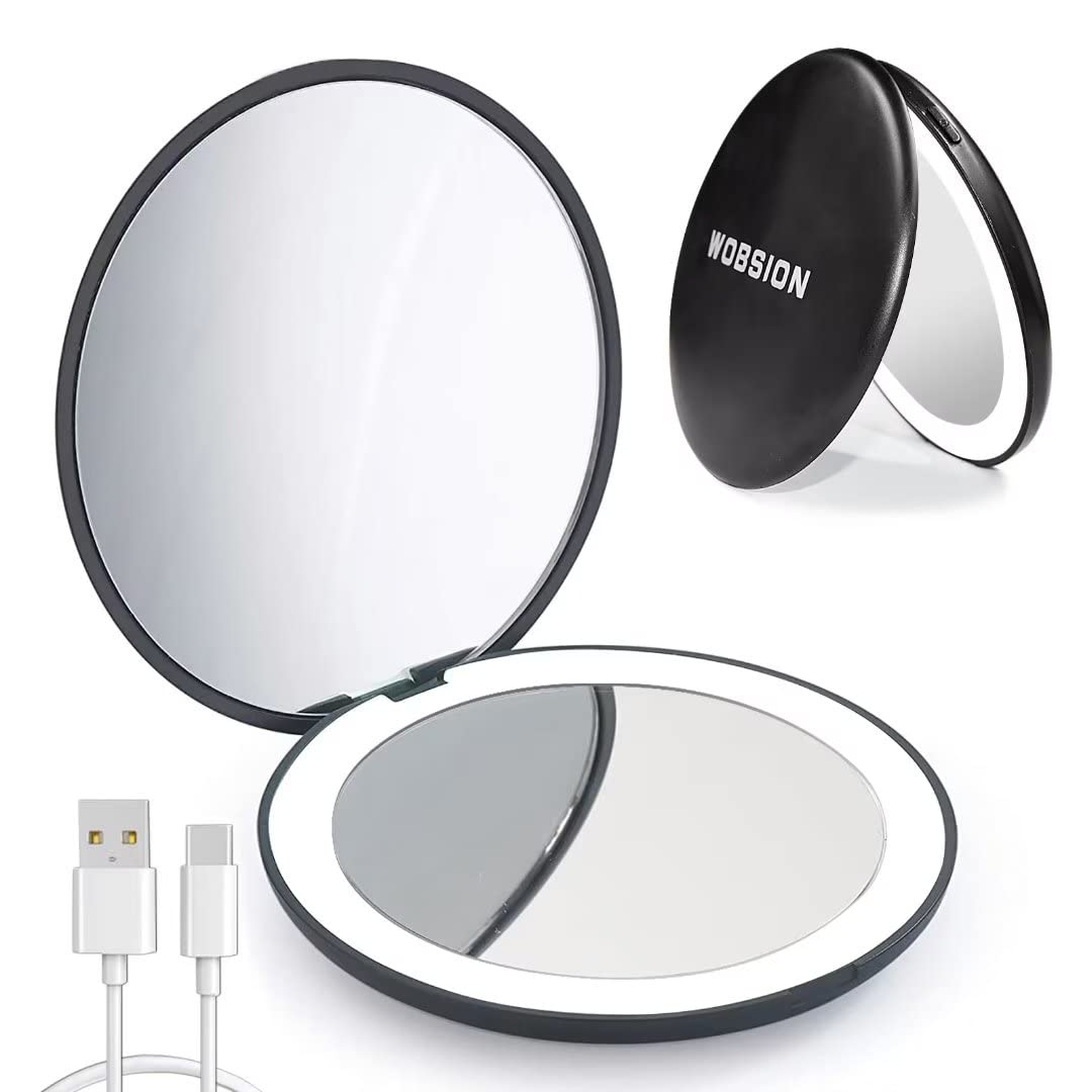 Wobsion Rechargeable Compact Mirror,1X/10X Magnification Compact Mirror With Light,Dimmable Led Travel Makeup Mirror,Portable Mi