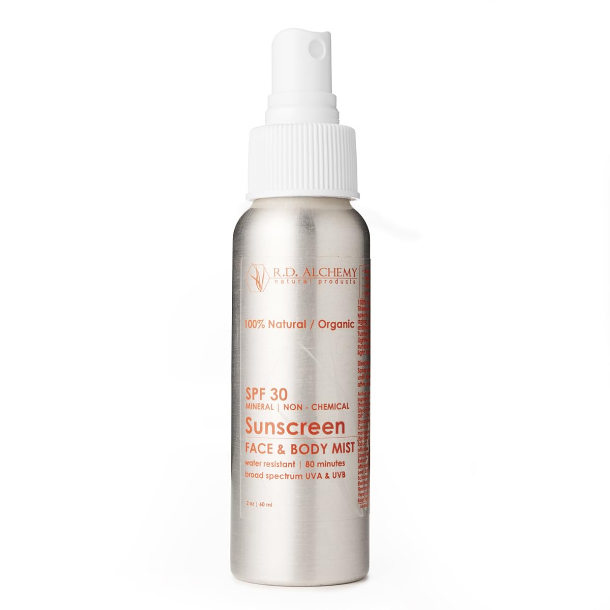 RD Alchemy  100% Natural & Organic Sunscreen SPF30 Face and Body Mist  Travel Sized, NonNano, Chemical free, Reef Safe Broad 