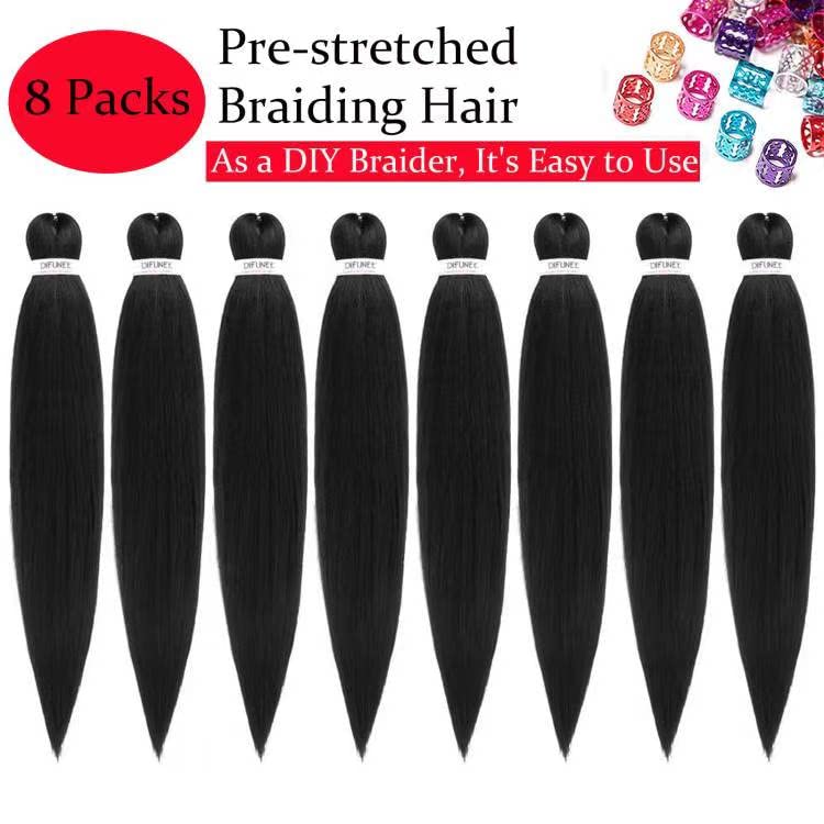 Difunee Pre-Stretched Braiding Hair - 24 Inch 8 Packs Natural Black Long Braiding Hair For Twist Or Box Braids, Yaki Texture Hot