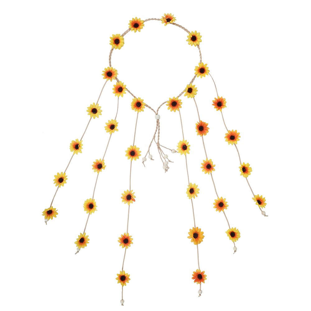 Awaytr Flower Hippie Headband Floral Crown Behemain Sunflowers Beads Adjust Flower Headdress Hair Accessories (Yellow)