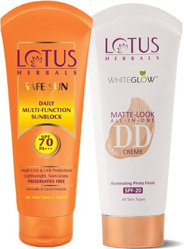 LOTUS HERBALS Safe Sun Combo (Daily MultiFunction Sunblock SPF 70_30ml + Matte Look All in One DD Crme SPF 20_50 gm) (2 Items i