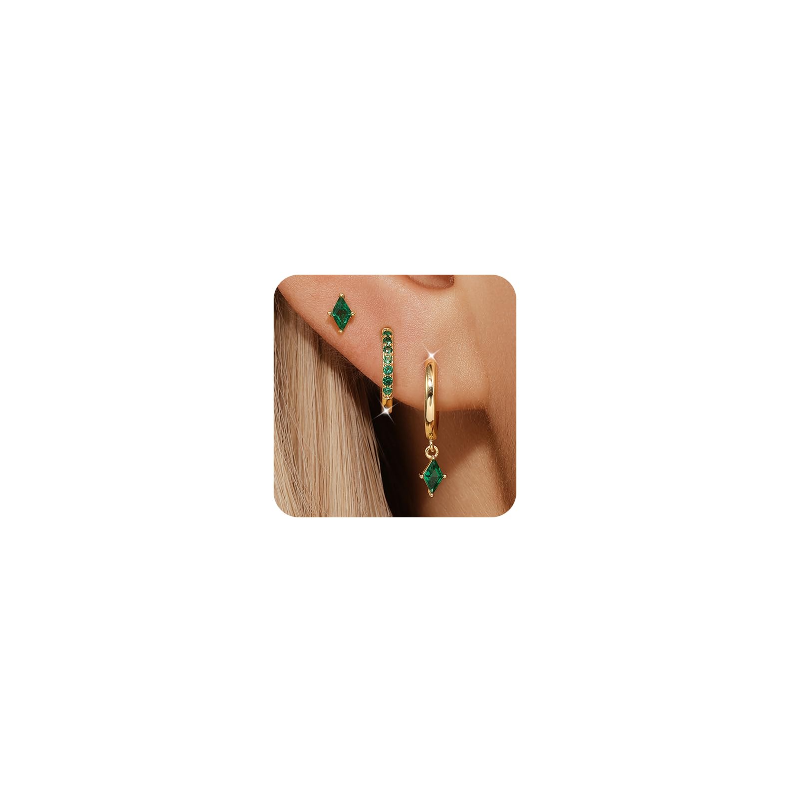 Angelady Gold Hoop Earrings Set for Women, Dainty 14K Gold Plated Green Huggies Earring, Hypoallergenic Dangle Cartilage Huggie 