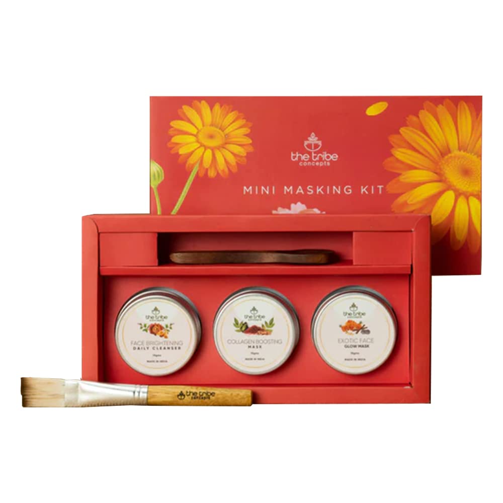 The Tribe Concepts Facial Kit With Face Brightening Daily Cleanser, Exotic Face Glow, Collagen Mask Powder, Masking Brush, Woode