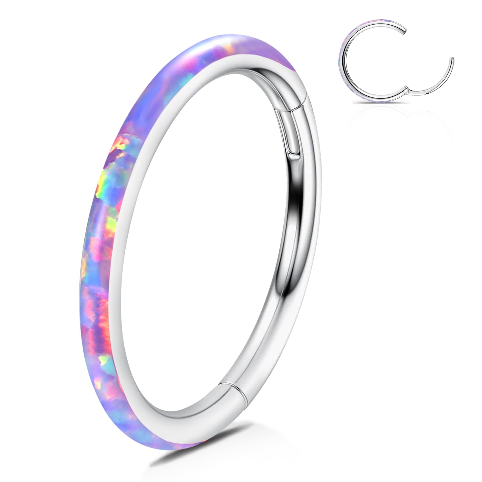 WBRWP Hypoallergenic Flat Nose-Rings-Hoop with Purple Opal : 20G(0.8mm) Diameter 10mm 316L Surgical Steel Hinged Segment Ring Li