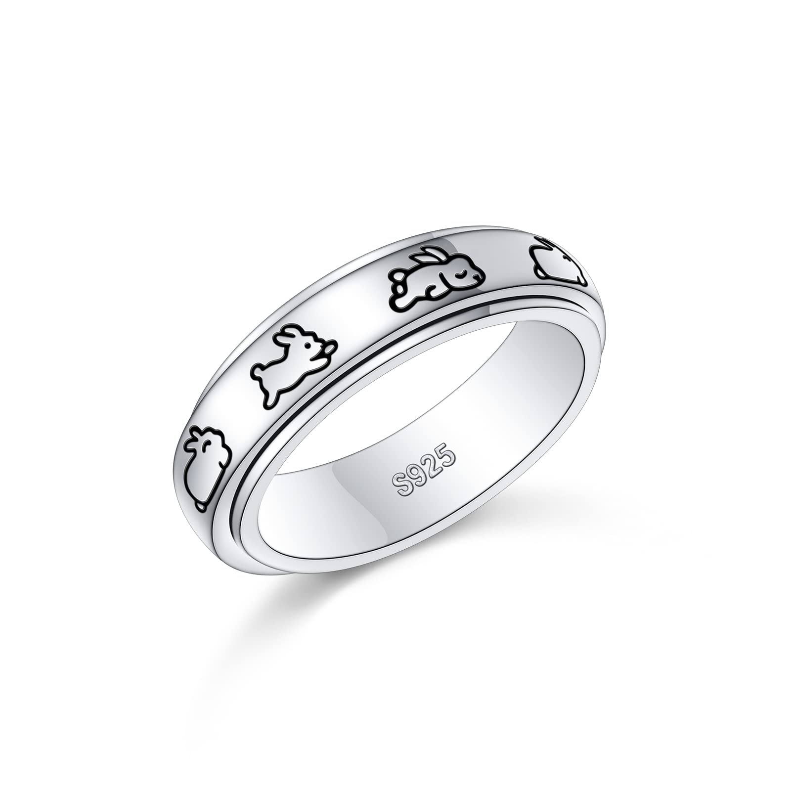 JZMSJF S925 Sterling Silver Bunny Spinner Rings for Anxiety Fidget Relief Boredom ADHD Autism Band Women Daughter Size 8