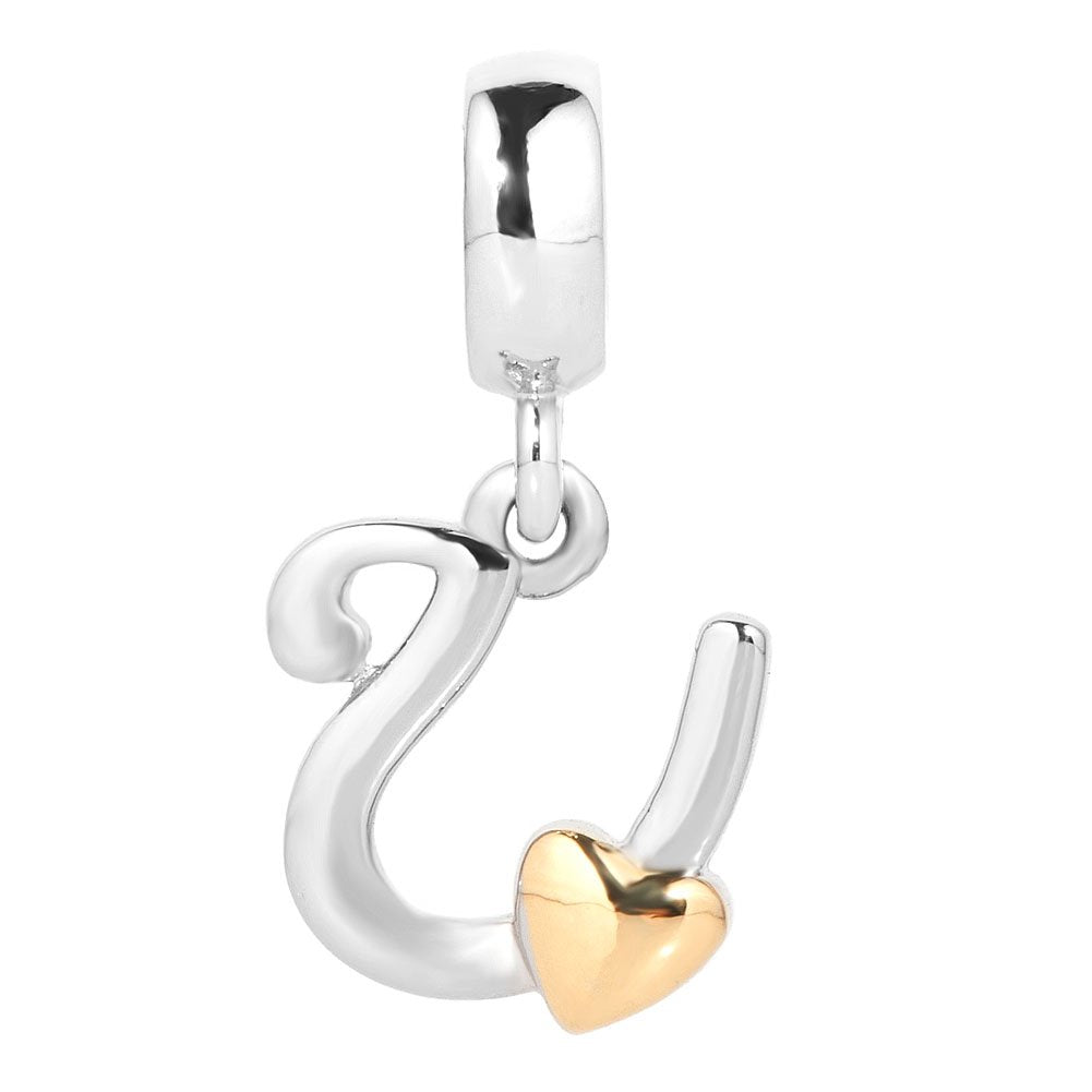 QueenCharms Initial A-Z Letter Charm Golden Heart Alphabet Dangle Beads for Bracelets & Necklaces (U)