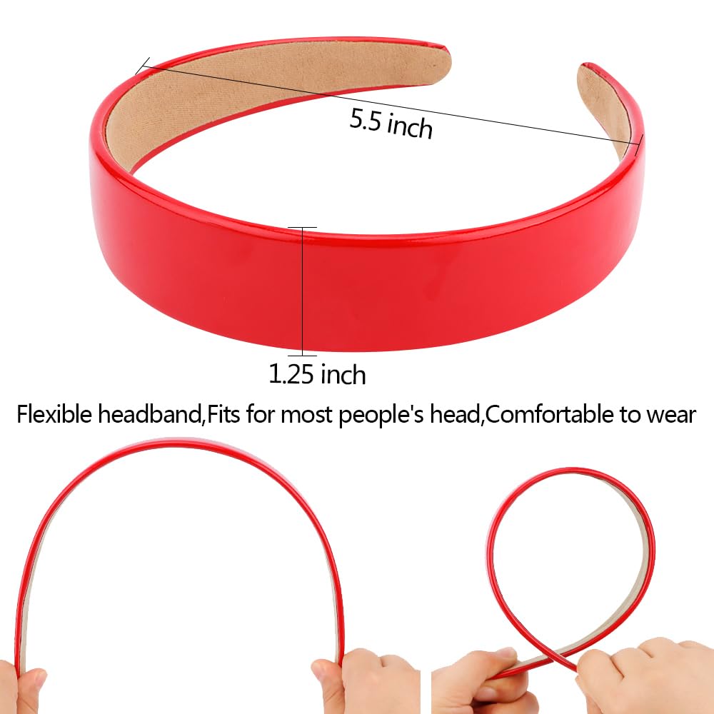 Ahoney Red Headband For Women Girls Glossy Vegan Leather Headband Non Slip 1.18'' Wide Plain Head Band Solid Hair Band Diy Holid