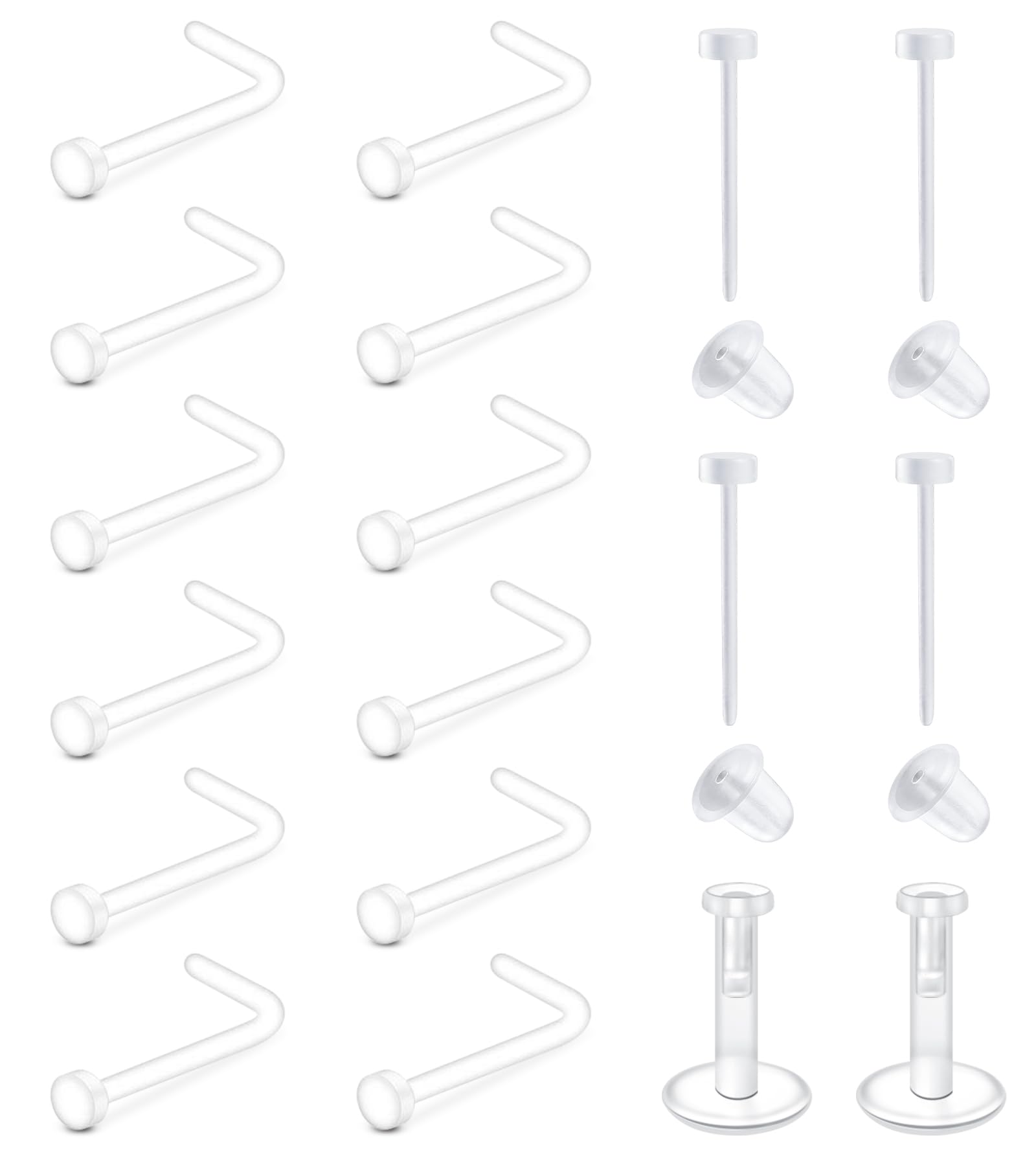 QWALIT Clear Nose Studs & Rings for Work & Surgery - Invisible Retainers & Spacers - 18g Clear Earrings for Sports