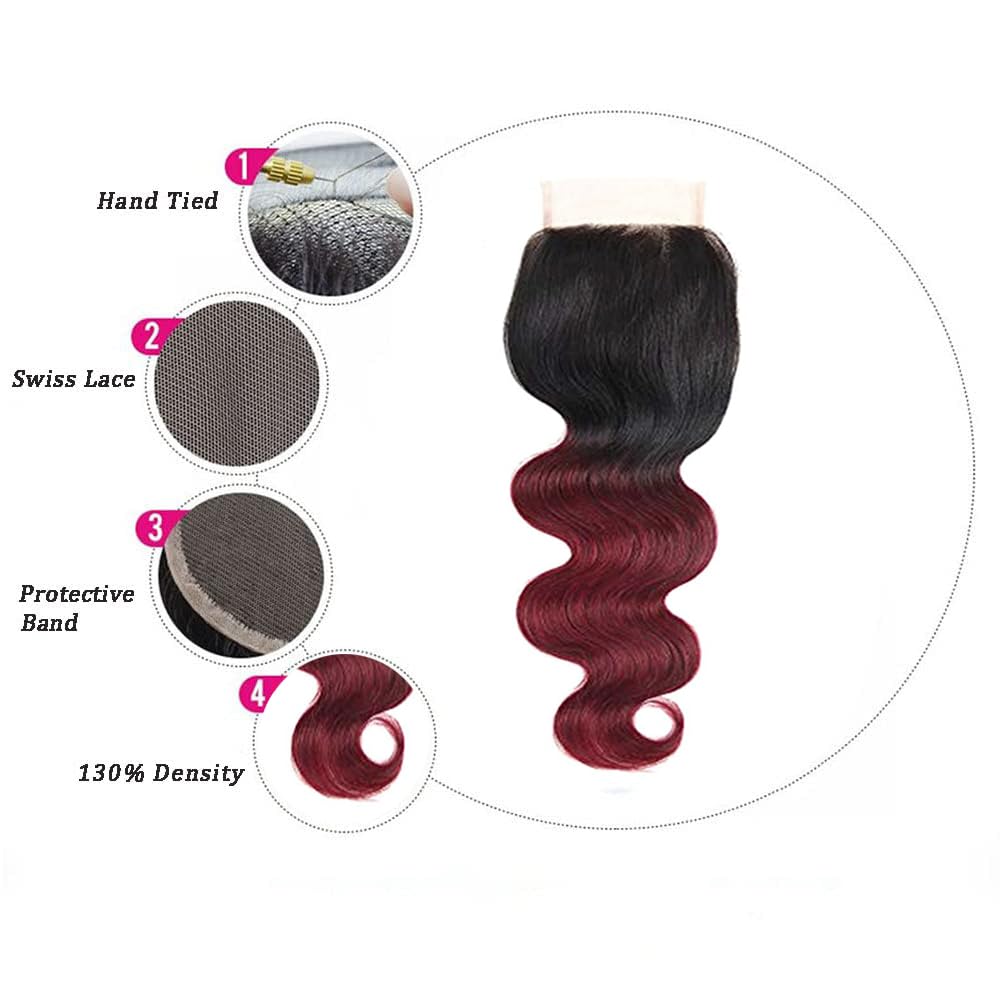 1B/99J 12 Inch Human Hair Closure Ombre Pre Plucked With 4X4 Lace Baby Hair Grade 9A High Density Body Wave Brazilian Virgin Raw