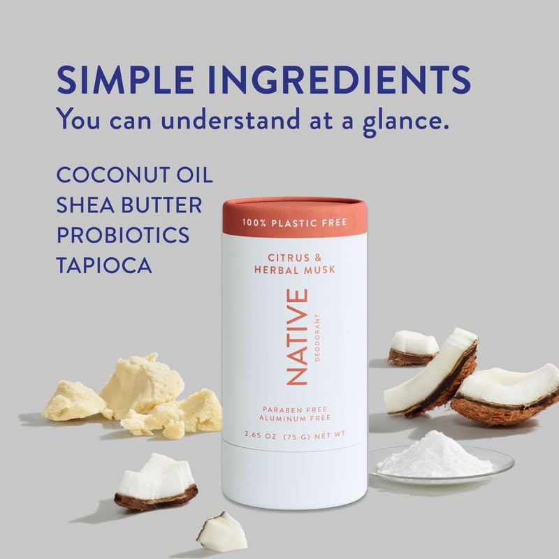 Native Plastic Free Deodorant  Natural Deodorant for Women and Men, Aluminum Free with Baking Soda, Probiotics, coconut Oil and