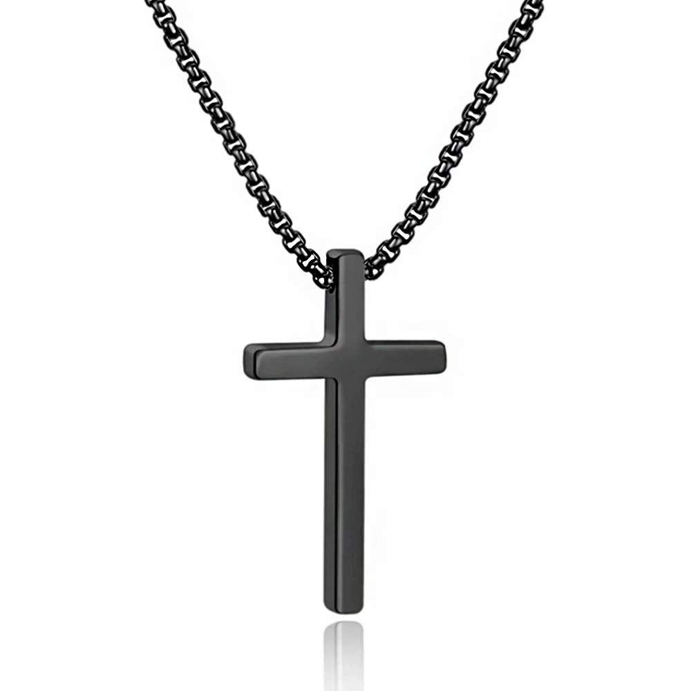M MOOHAM Stainless Steel Cross Pendant Necklaces for Men Pendant Chain 30 Inch Black, Fathers Day Christian Jewelry for Men Dad 