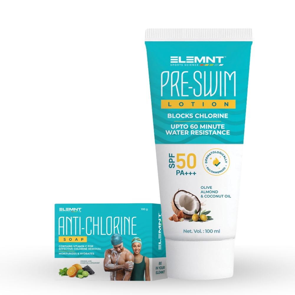 Elemnt Swim Skincare Combo - Pre Swim Body Lotion With Spf 50 (100Ml) & Anti Chlorine Soap (75G) For Adults & Kids | Fight Chlor