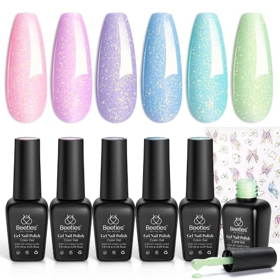 Beetles Shimmer Gel Nail Polish Set - 6 Colors Purple Glitter Blue Green Mermaid Pastel Nail Gel Drawing Soak Off Uv Led Needed 