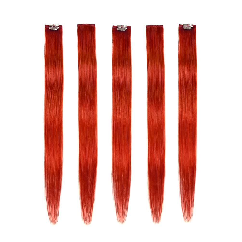 Winsky Orange-Red Hair Extensions Girls Clip In Human Hair - 100% Straight Party Highlights Clip On Colored Hair Extensions 5 Pi