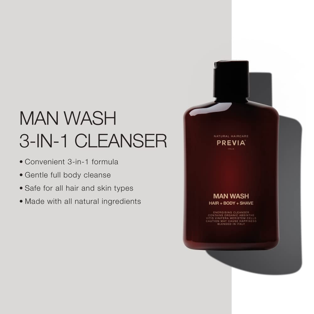 PREVIA Man Wash 3-in-1 Cleanser Hair Shampoo Anti Dandruff Body Wash & Shaving Conditioner Vegan Formula with Organic Absinthe E